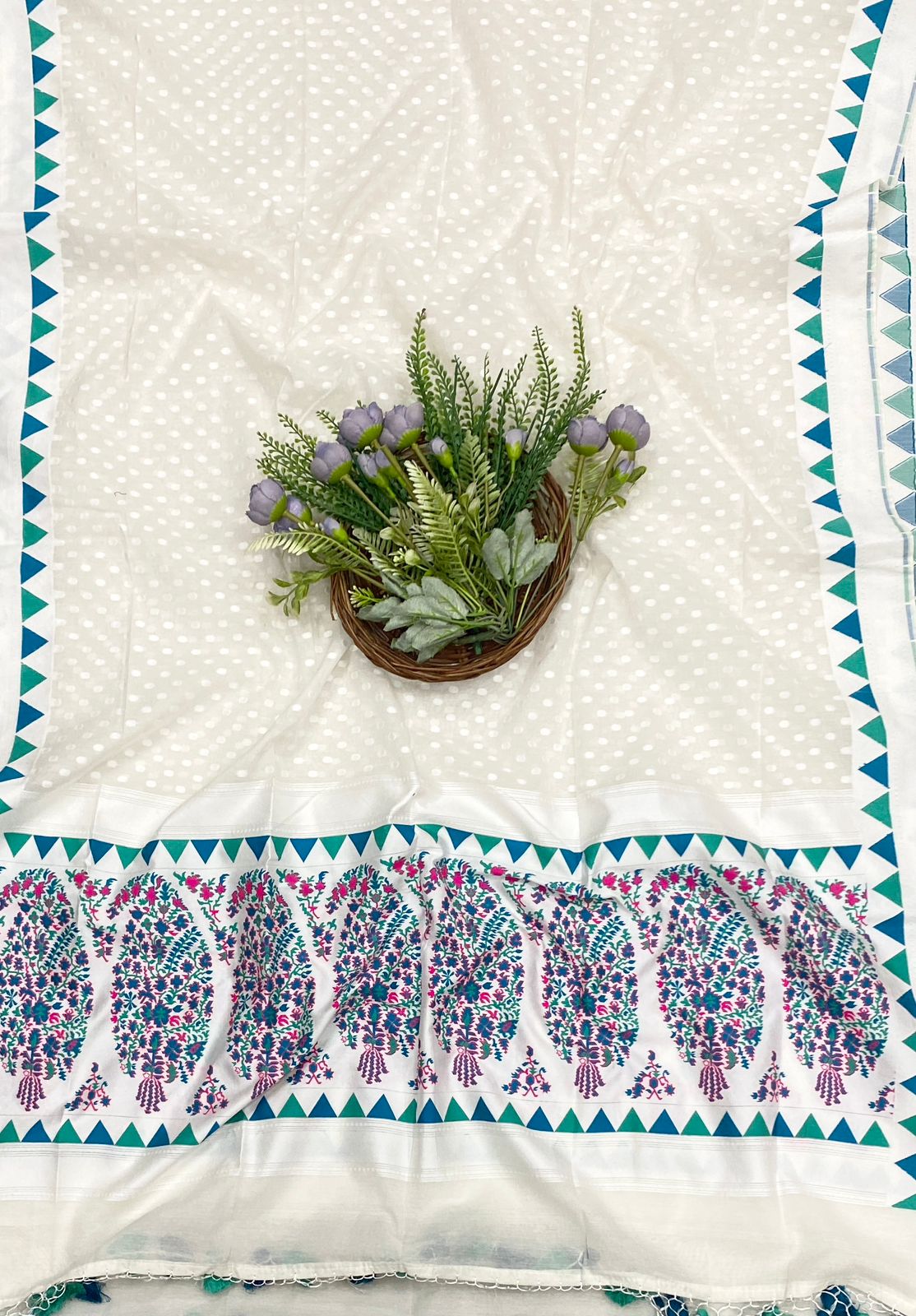 554C Handloom Jamdani White With Blue Suit Fabric / CKC Jamdani Suits