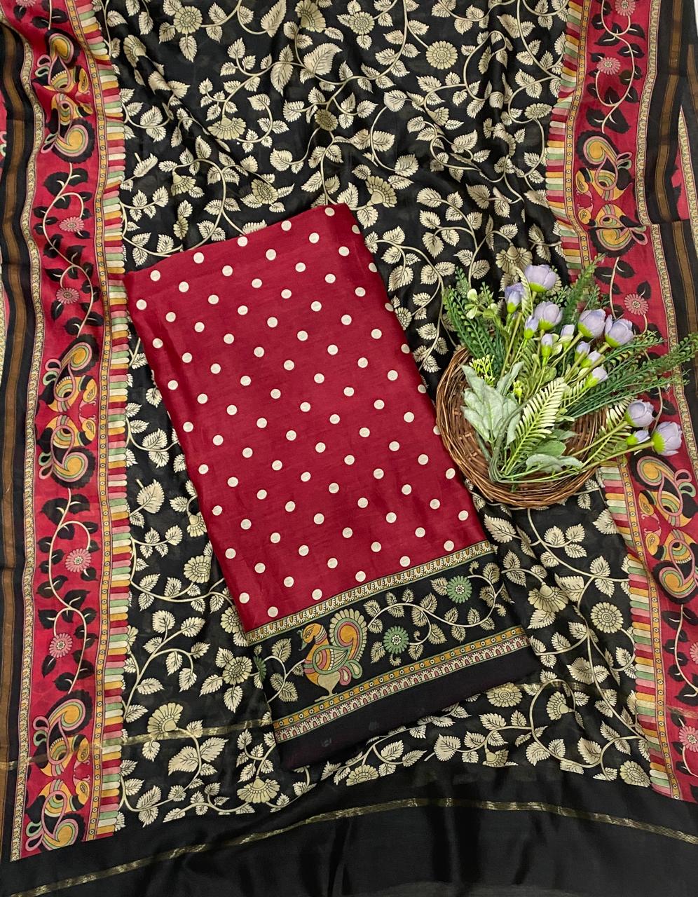 671C Pure Maheshwari Dark Red Suit Fabric / CKC Maheshwari Suits