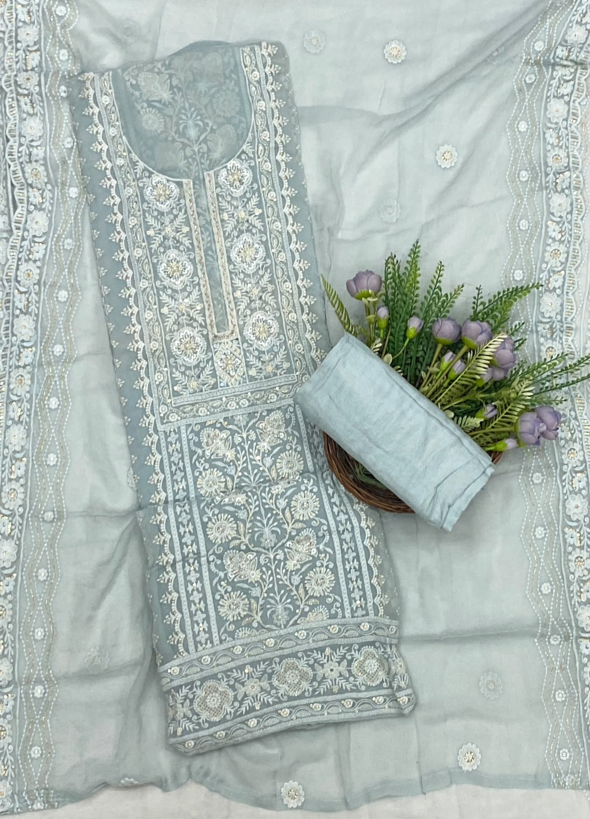 Lakhnavi Georgette Light Sea Blue Suit Fabric - Studio CKC