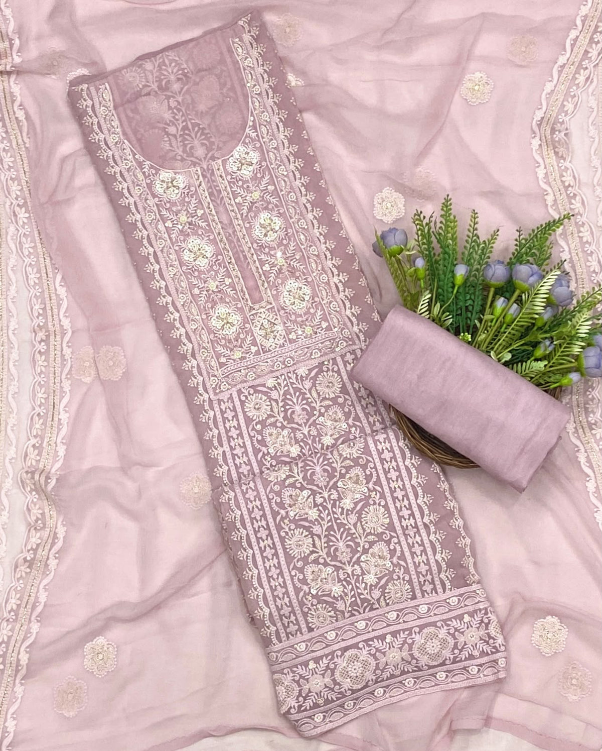 Lakhnavi Georgette Light Pink Suit Fabric - Studio CKC