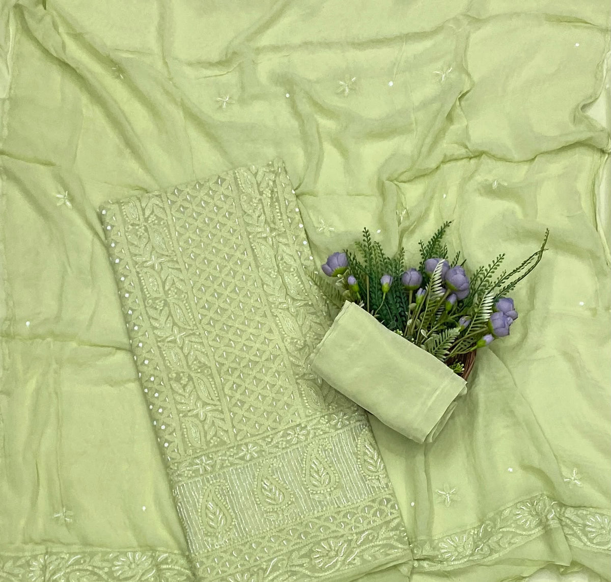 Lakhnavi Georgette Green Suit Fabric - Studio CKC