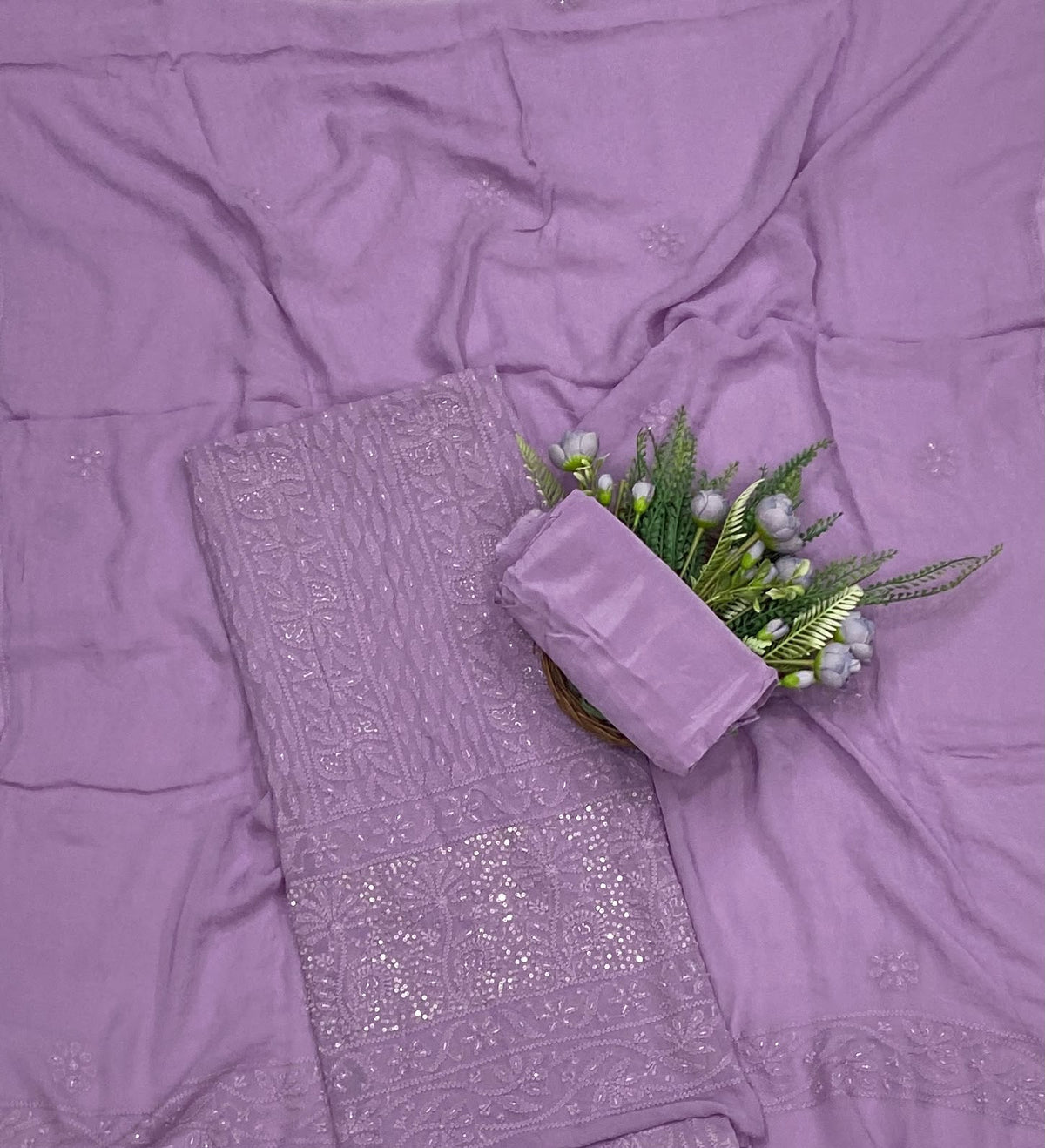 Lakhnavi Georgette Mauve Suit Fabric - Studio CKC