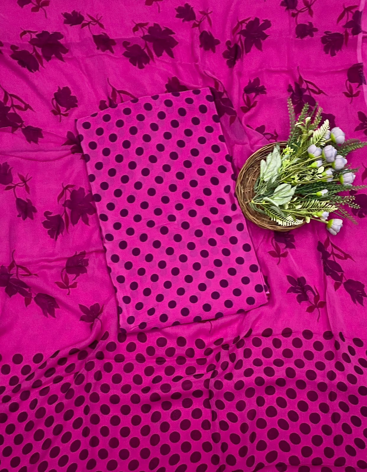 Crepe Polka Dark Pink Suit Fabric - Studio CKC