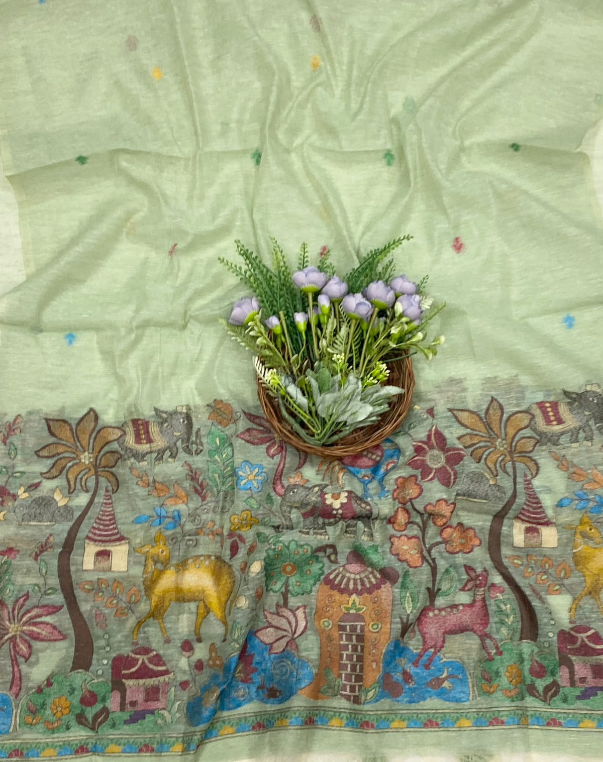 155D Mul Chanderi Dusty Pista Green Suit Fabric/ CKC Mul Cotton