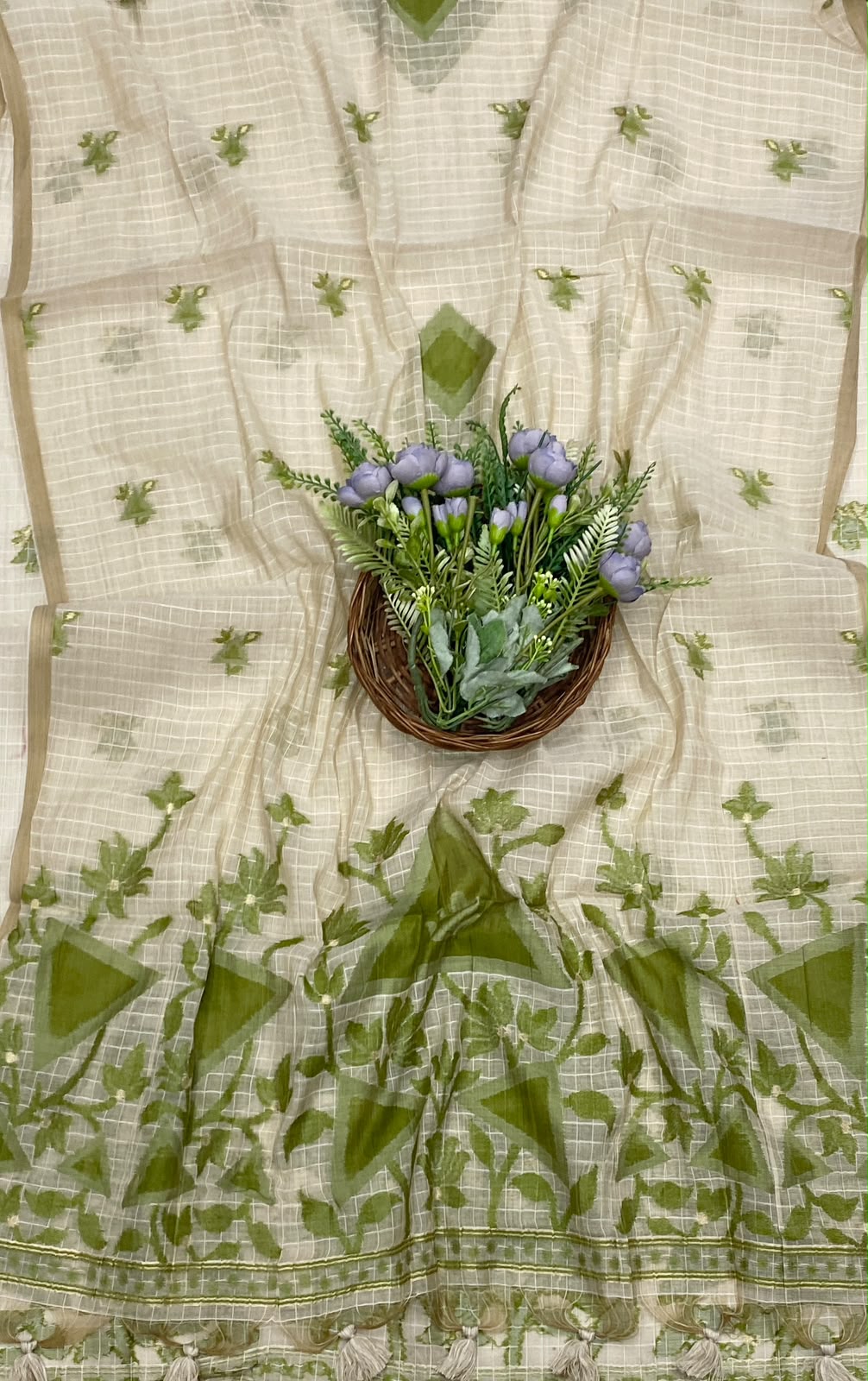 132D Mul Chanderi Beige With Green Suit Fabric/ CKC Mul Cotton