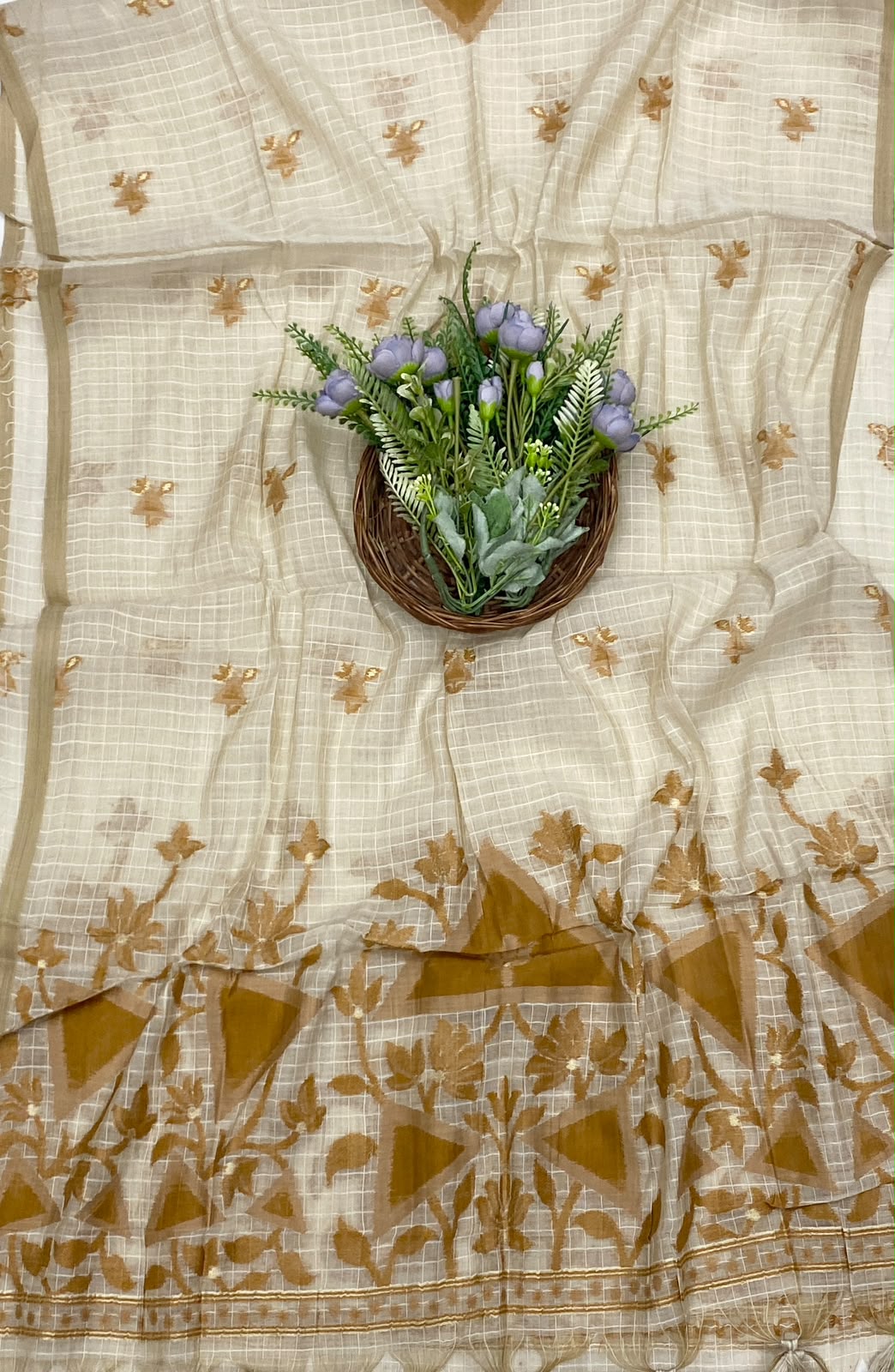 131D Mul Chanderi Beige With Mustard Suit Fabric/ CKC Mul Cotton