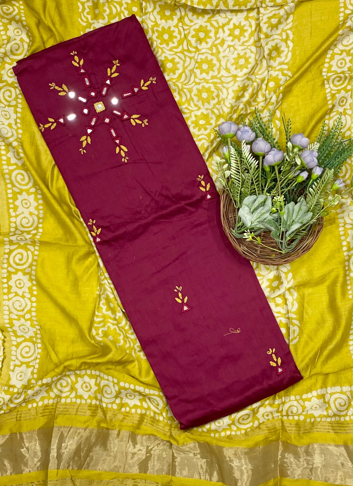 506D Cotton Maroon With Yellow Suit Fabric / CKC Cotton Bazaar