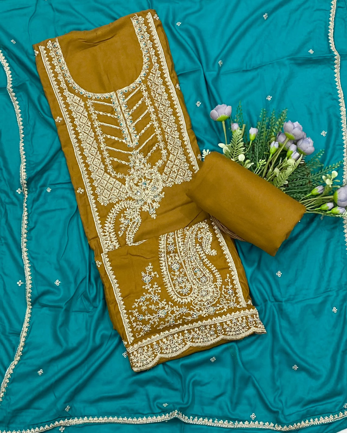 612D Pashmina Mustard With Sea Blue Suit Fabric/ CKC Winter Suits