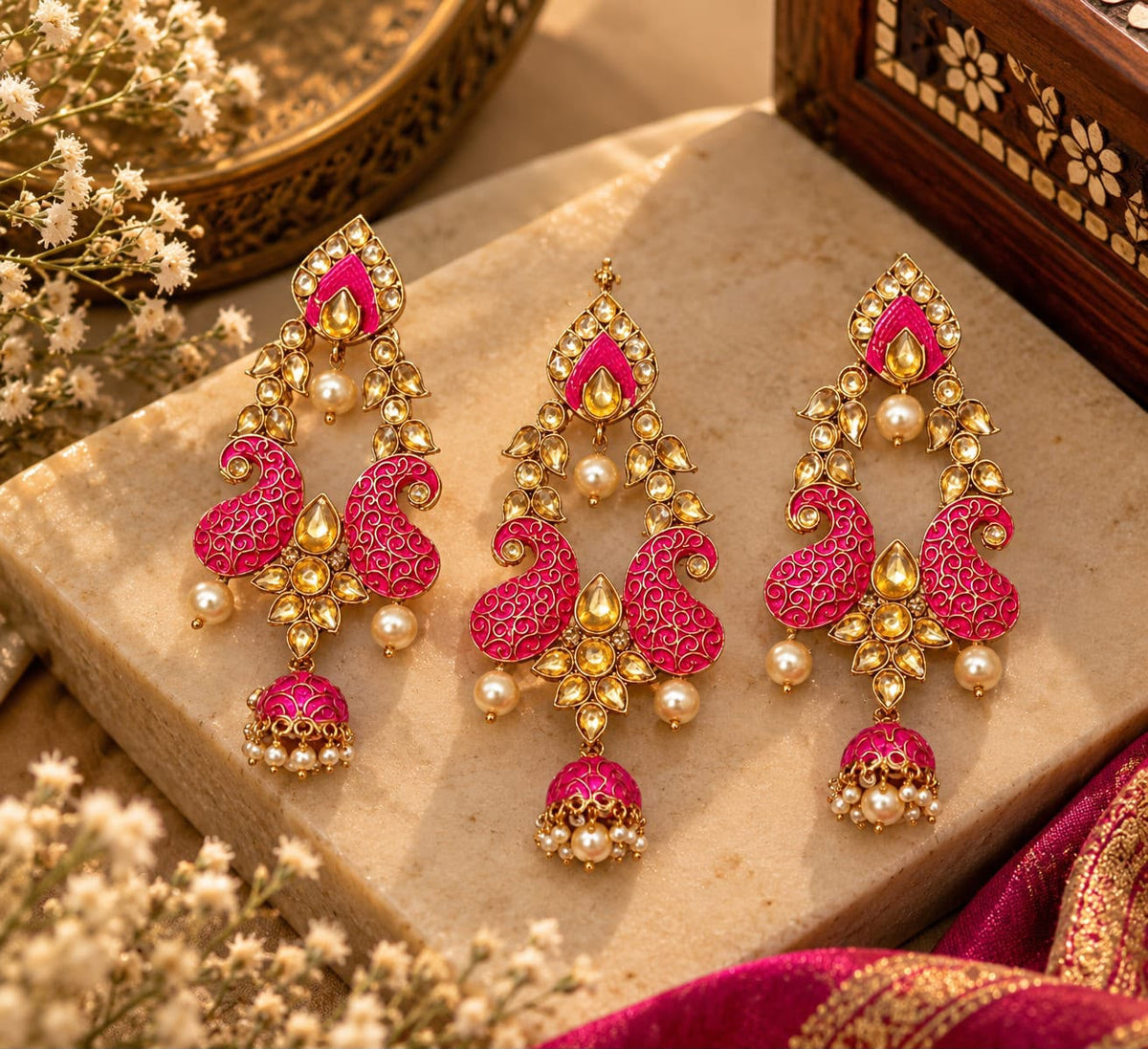 Magenta Golden Earing With Mang Tika Set / CKC Jewels