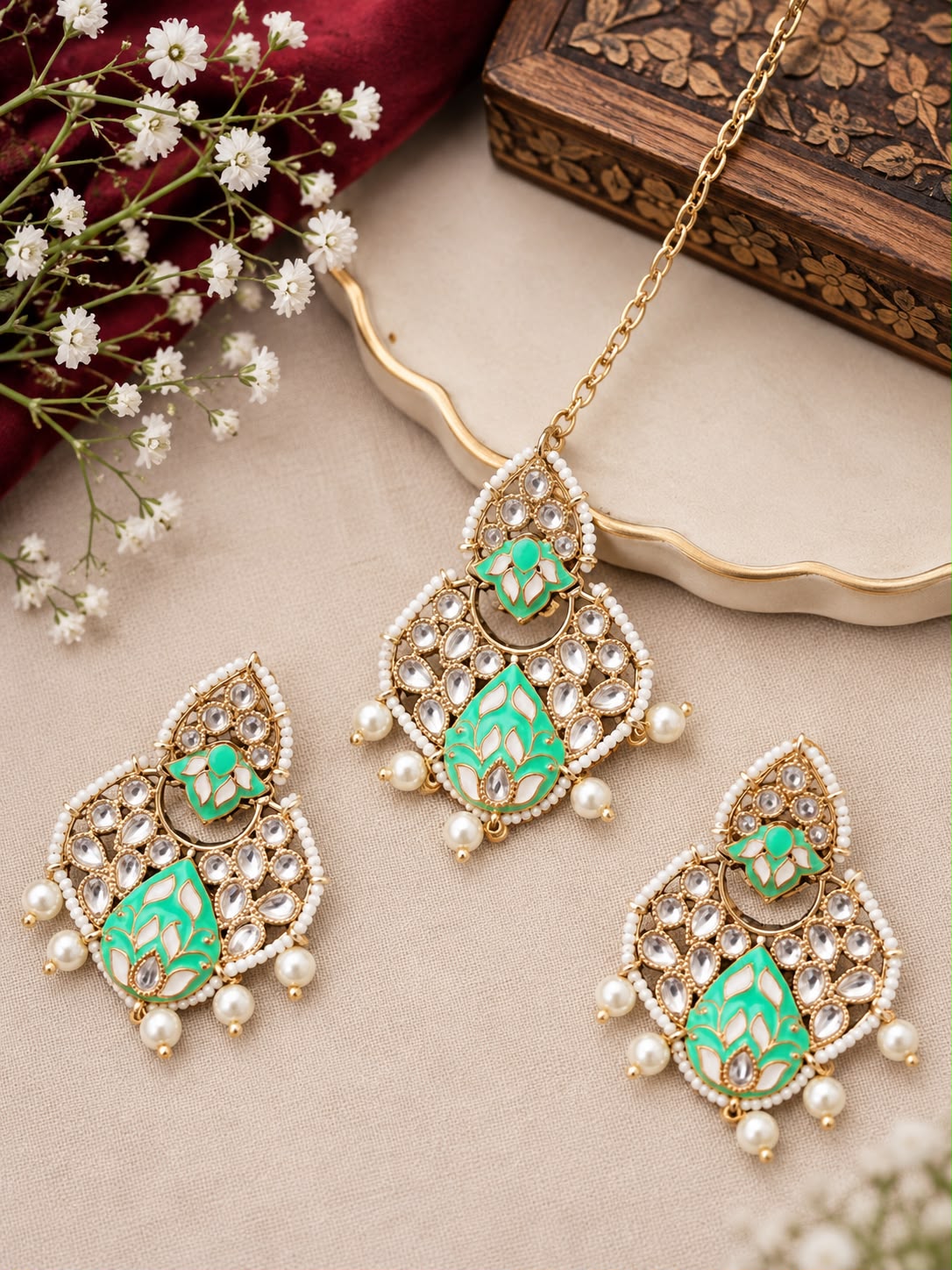 Green Golden Earing With Mang Tika Set / CKC Jewels