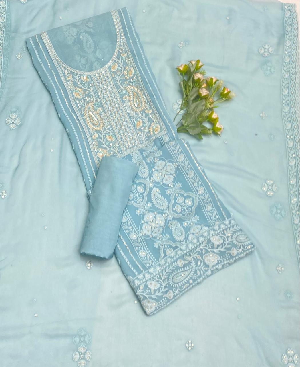 Lakhnavi Georgette Ice Blue Suit Fabric/ Lakhnavi Suits