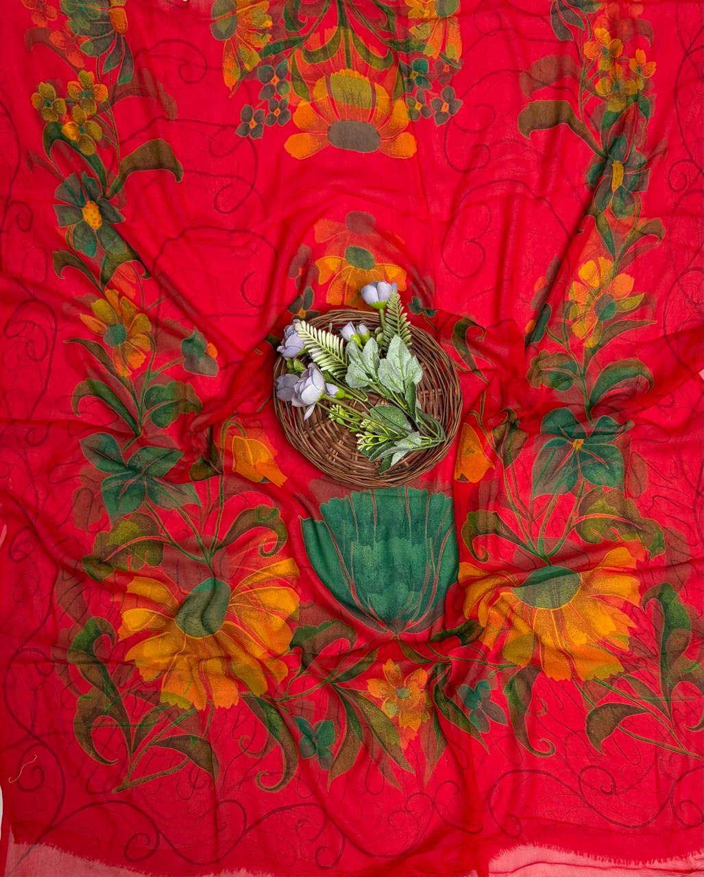 Crepe Red Suit Fabric / Phoolon Ka Ghar