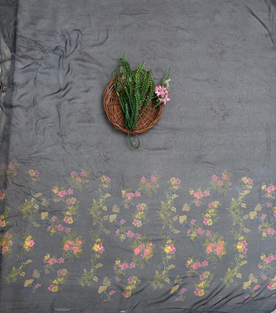Crepe Grey Suit Fabric / Phoolon Ka Ghar