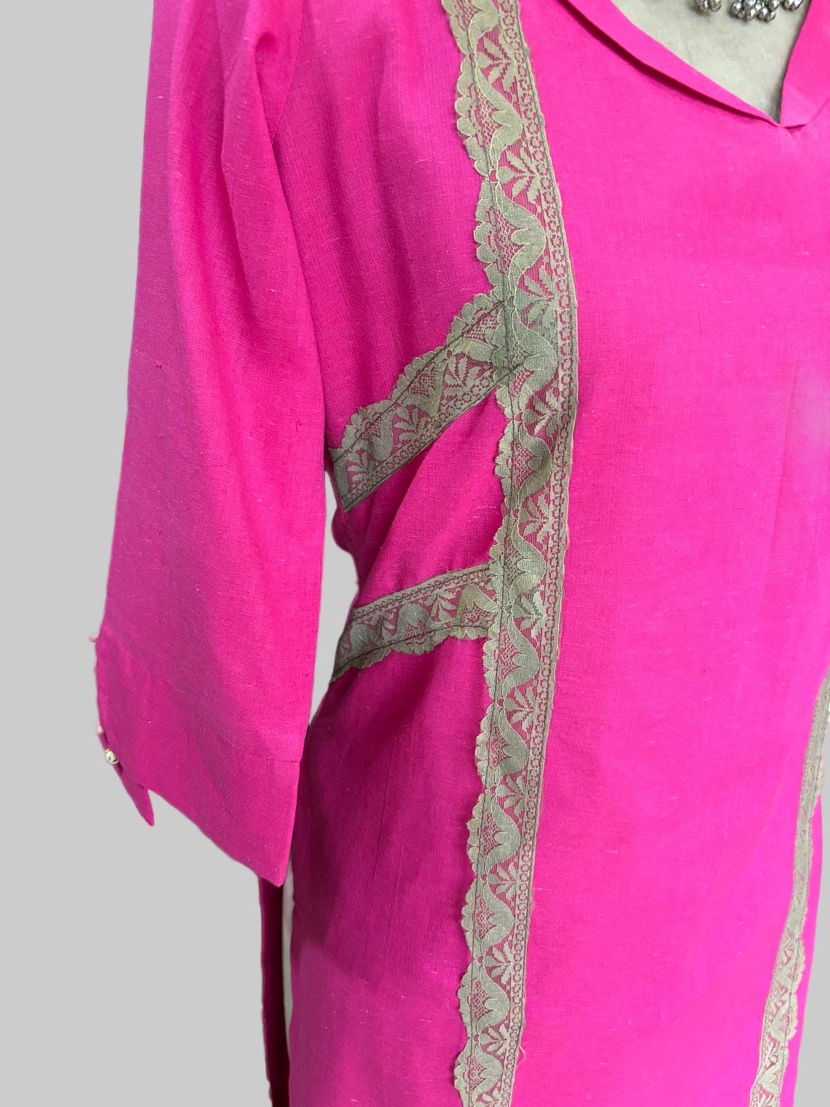Linen Magenta With Beige Stitched Suit / Panel Design
