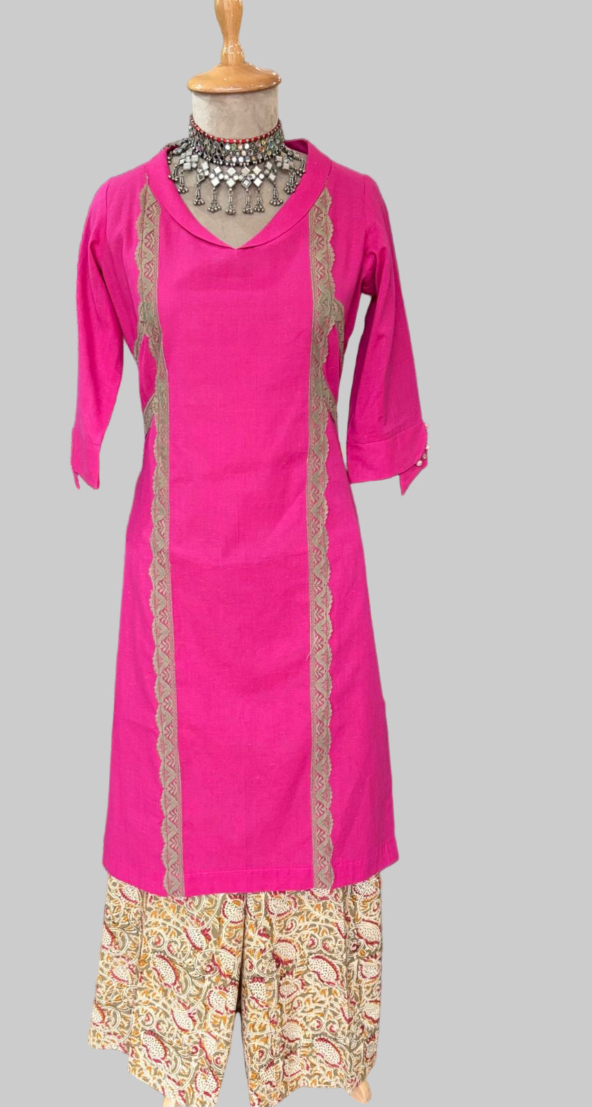Linen Magenta With Beige Stitched Suit / Panel Design