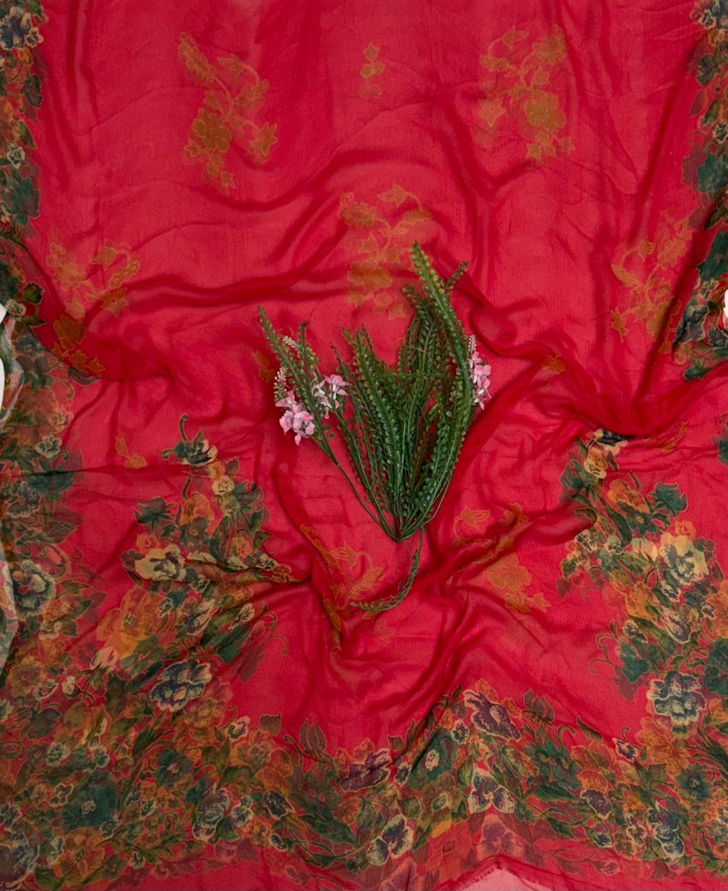 Crepe Red With Yellow Suit Fabric / Phoolon Ka Ghar