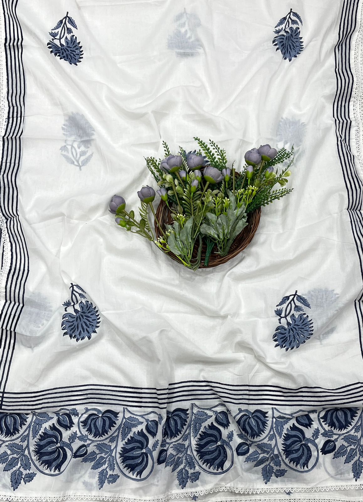 21B Cotton White With Navy Blue Suit Fabric / CKC Cotton Bazaar