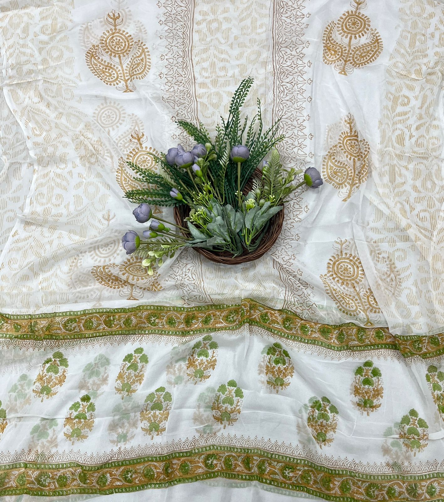 24B Cotton White With Mehndi Green Suit Fabric / CKC Cotton Bazaar