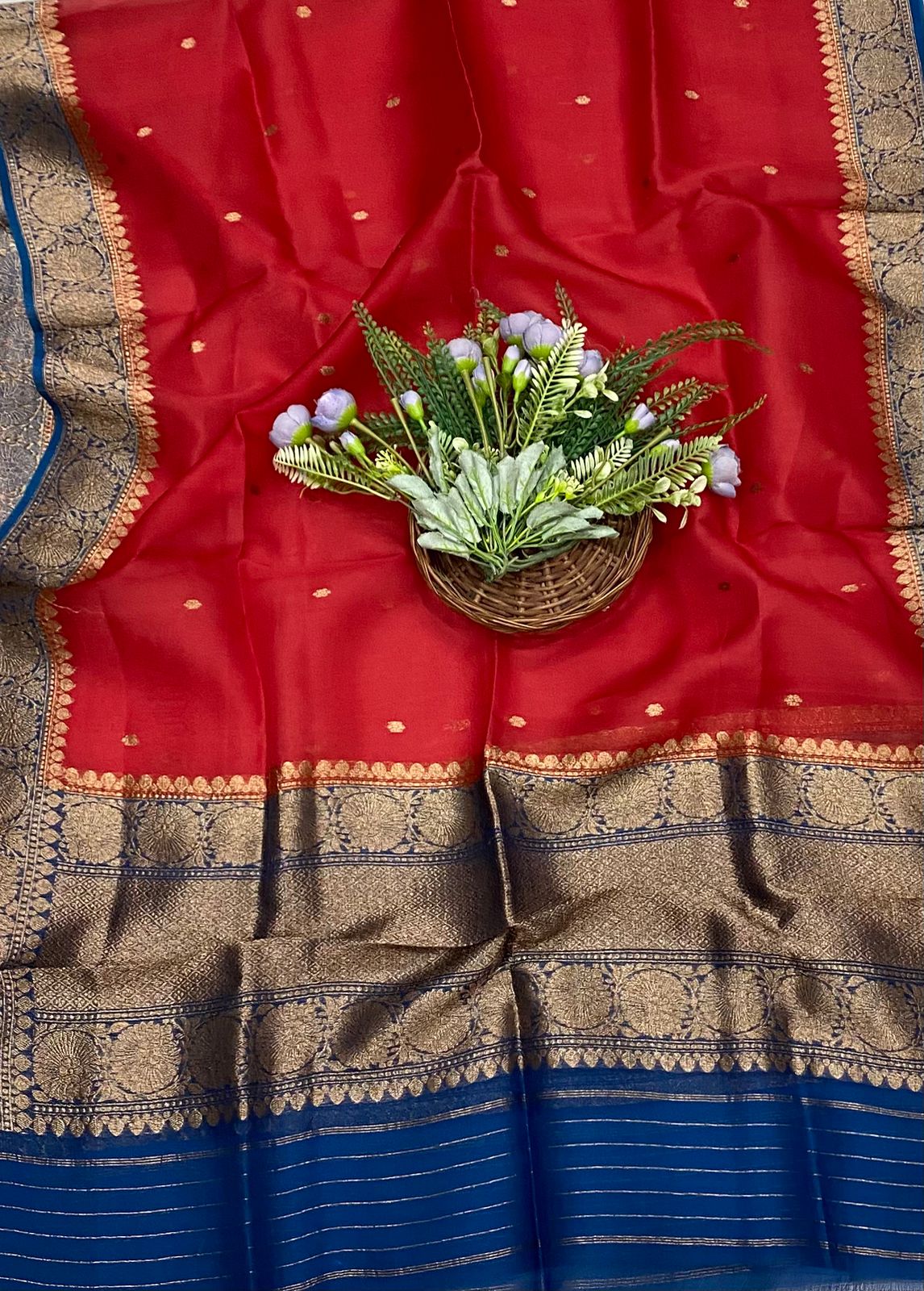 Pure Khaddi silk peacock blue and Red Suit Fabric / CKC Banarasi Suits