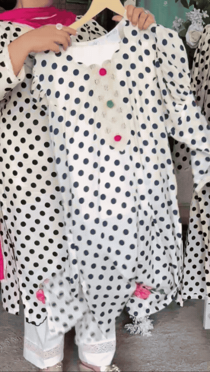 Cotton Cream With Black Stitched Suit / Polka Petals