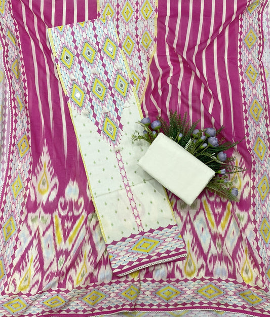 405B Cotton Cream With Megenta Suit Fabric / CKC Cotton Bazaar