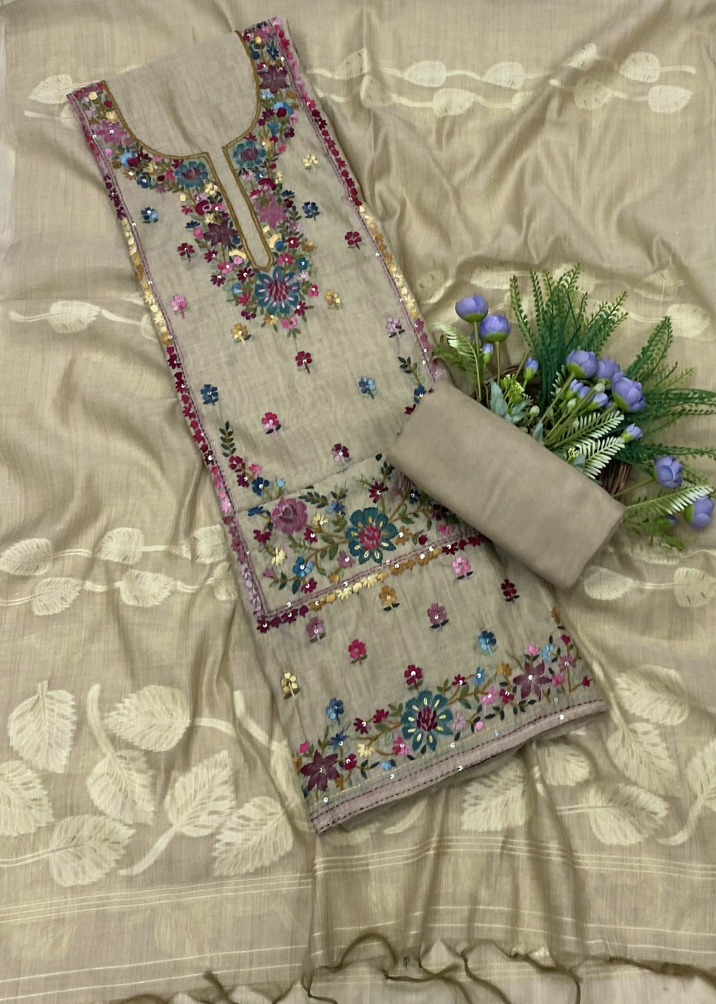 266B Mul Chanderi Beige Suit Fabric/ CKC Mul Cotton