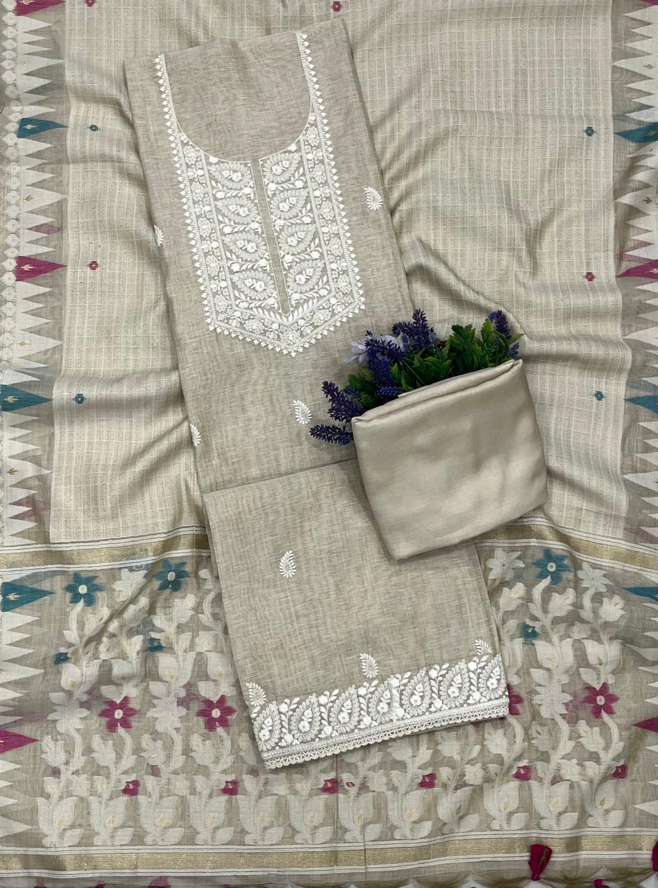 Ckc 64 Jamdani Beige Suit Fabric / CKC Jamdani Suits