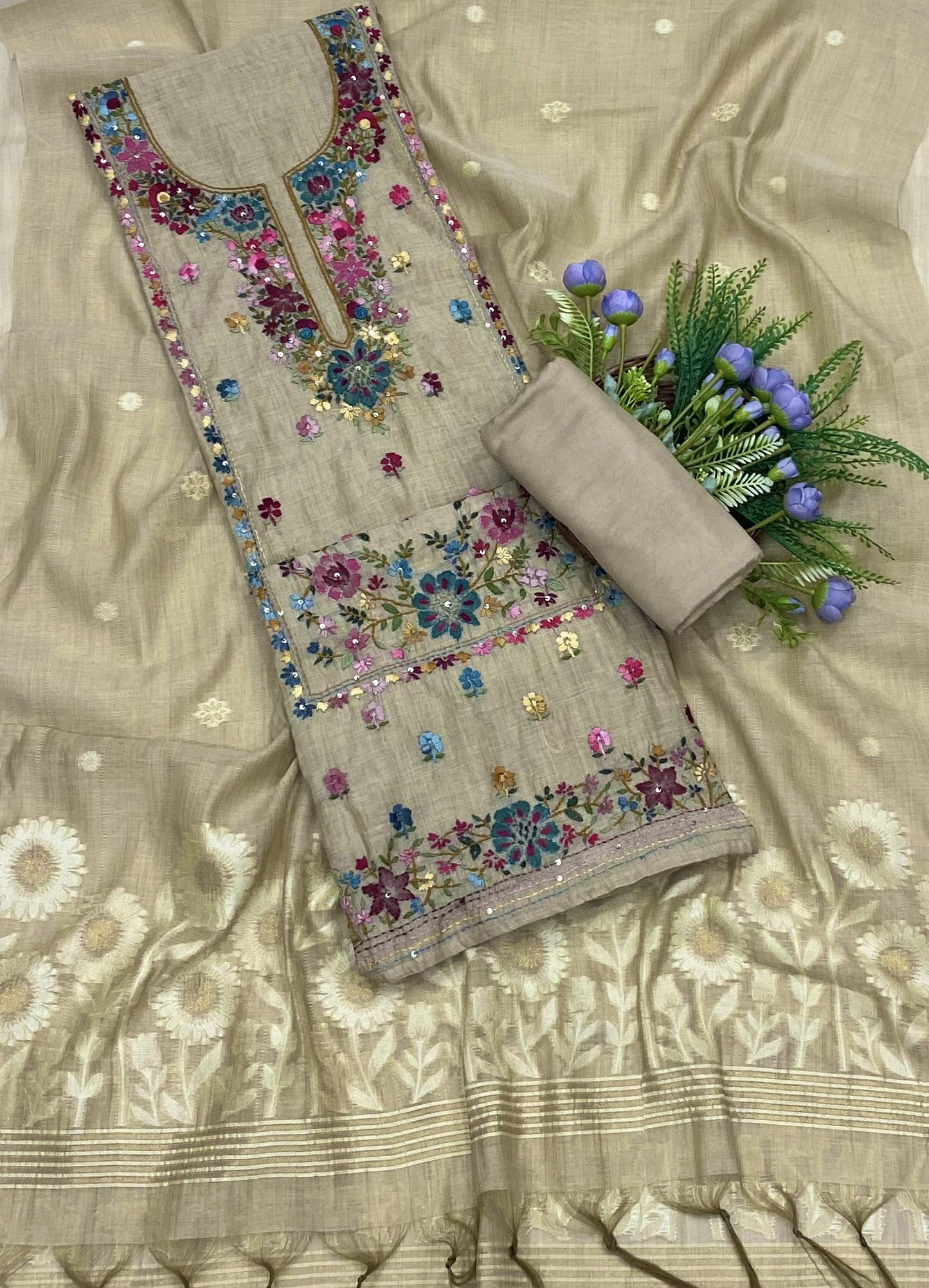 264B Mul Chanderi Beige Suit Fabric/ CKC Mul Cotton