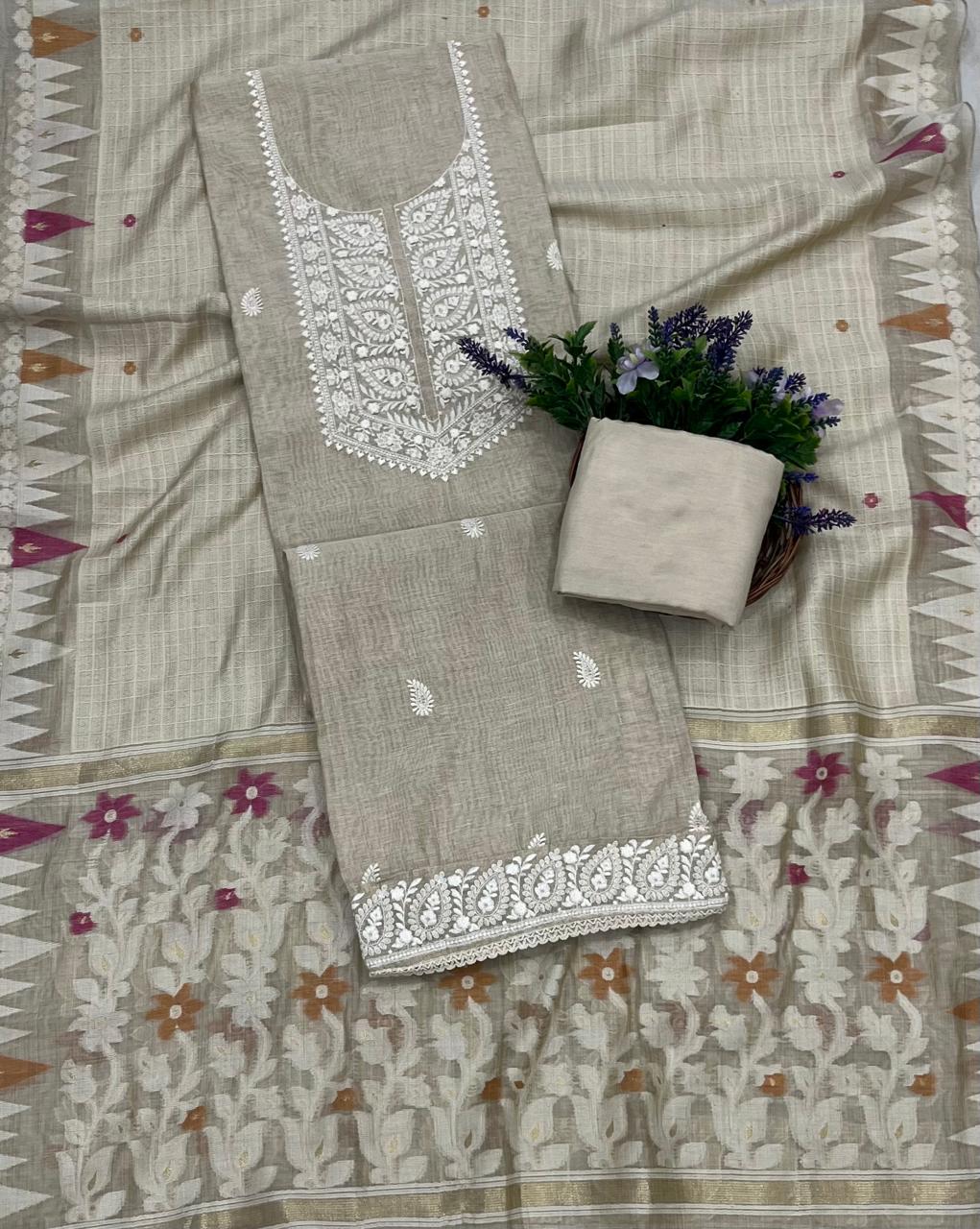 Ckc 63 Jamdani Beige Suit Fabric / CKC Jamdani Suits