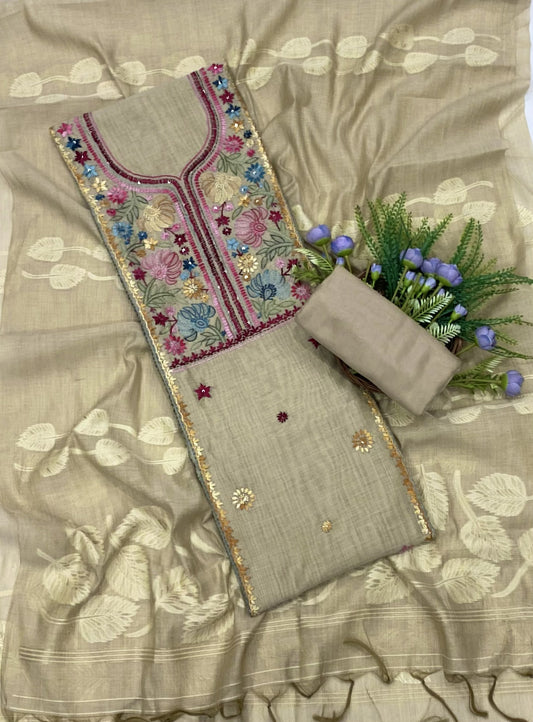 265B Mul Chanderi Beige Suit Fabric/ CKC Mul Cotton