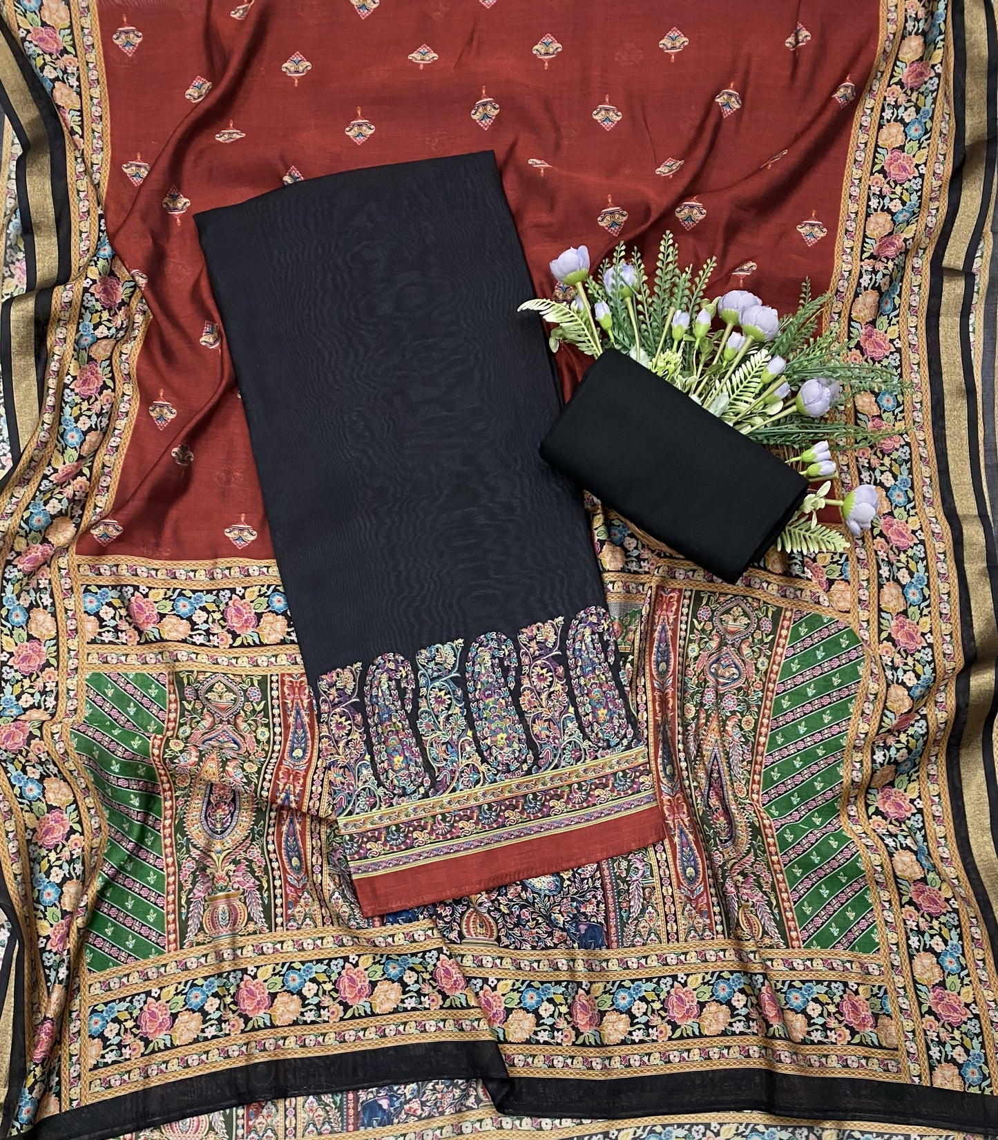 382B Mahashwari Black With Maroon Suit Fabric / CKC Maheshwari Suits