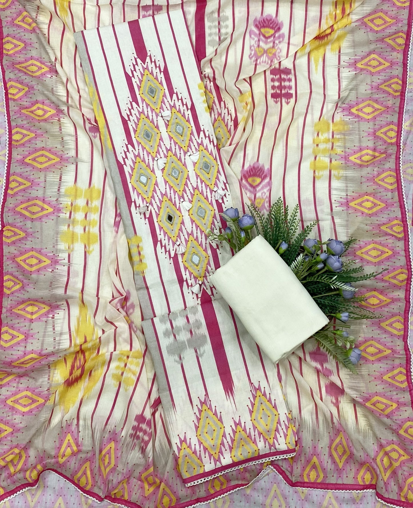 406B Cotton Cream With Pink suit Fabric / CKC Cotton Bazaar