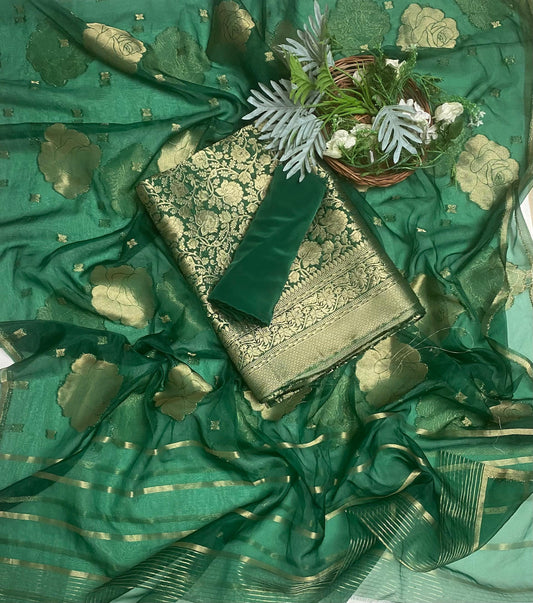 Brocade Dark Green Suit Fabric / Banarasi Baithak