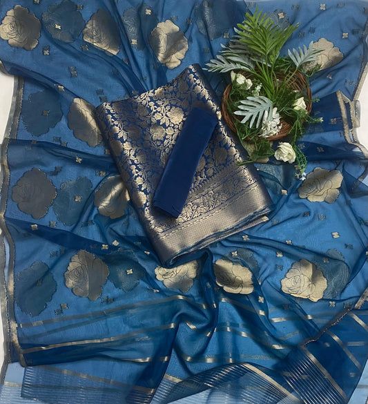 Brocade Navy Blue Suit Fabric / Banarasi Baithak