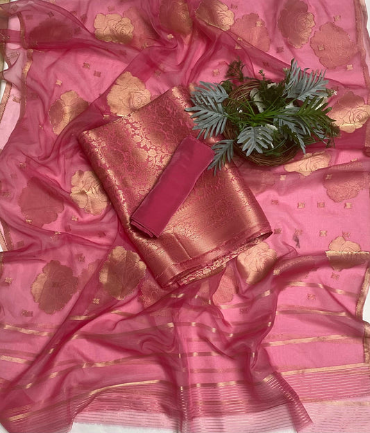 Brocade Dark Blush Pink Suit Fabric / Banarasi Baithak