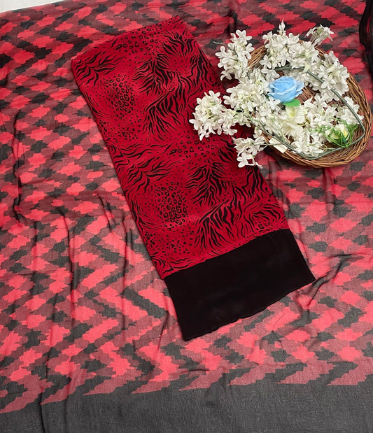 Crepe Red With Black Suit Fabric / Phoolon Ka Ghar