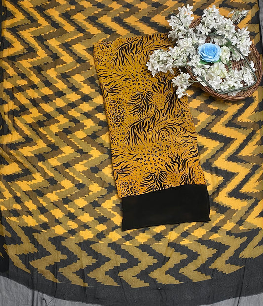 Crepe Mustard Yellow With Black Suit Fabric / Phoolon Ka Ghar