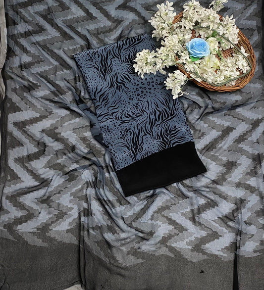 Crepe Grey With Black Suit Fabric / Phoolon Ka Ghar