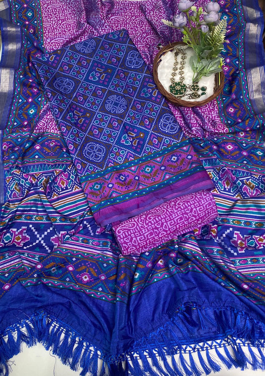 Patola Silk Navy Blue  With Purple Suit Fabric / Summer Elegance
