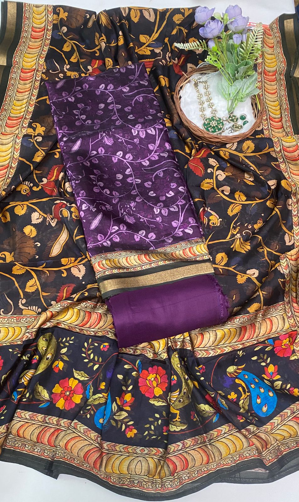 Maheshwari Purple With Black Suit Fabric / Festive Vibe