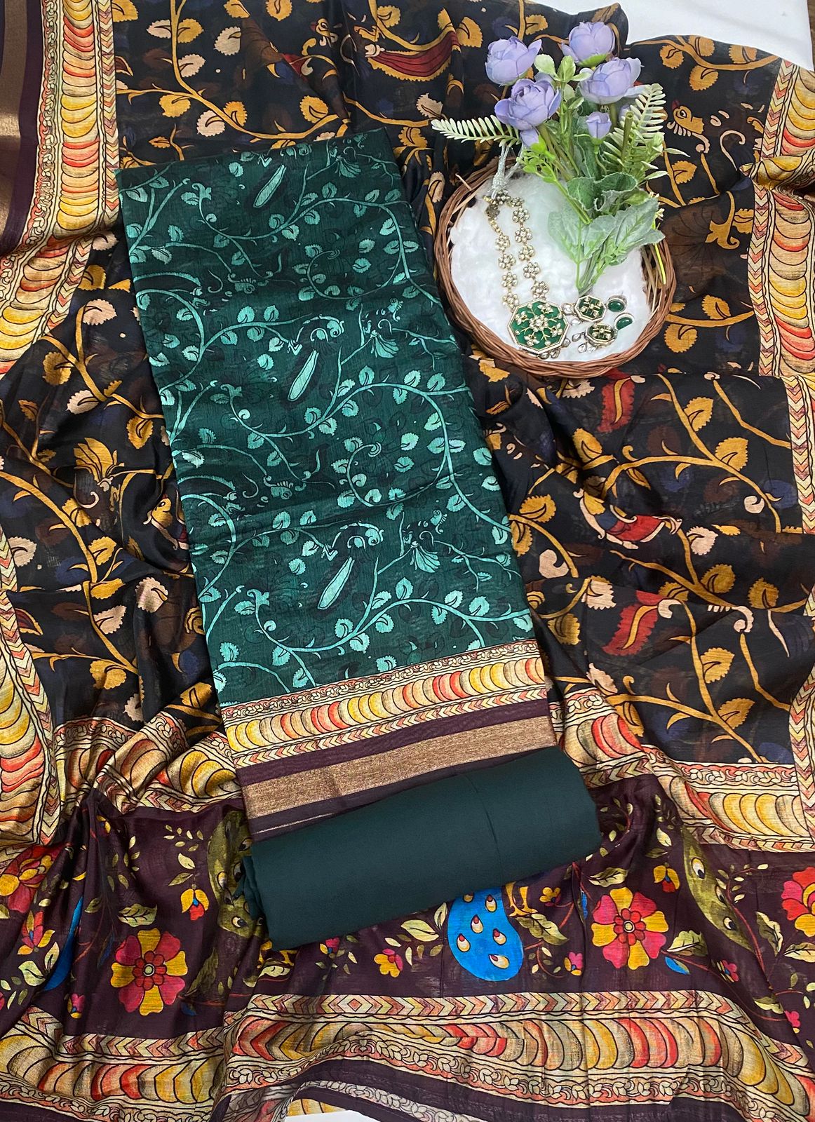Maheshwari Bottle Green With Black Suit Fabric / Festive Vibe