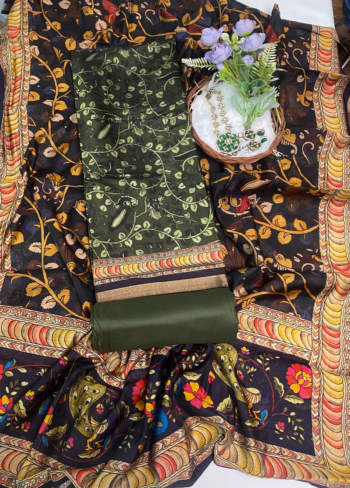 Maheshwari Mehndi Green With Black Suit Fabric / Festive Vibe