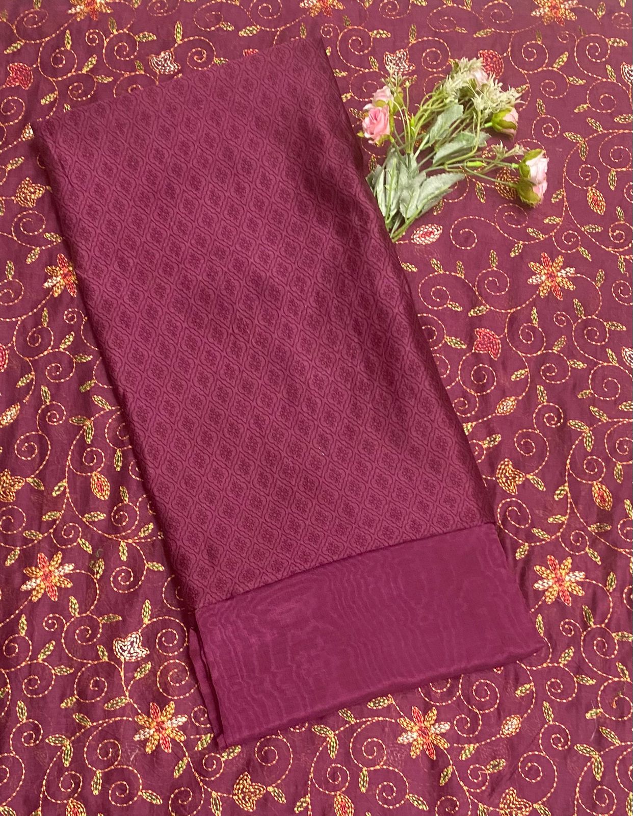 Pure Maheshwari Wine Suit Fabric / Festive Vibe