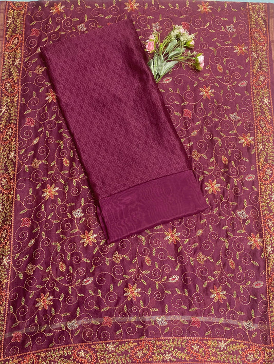 Pure Maheshwari Wine Suit Fabric / Festive Vibe