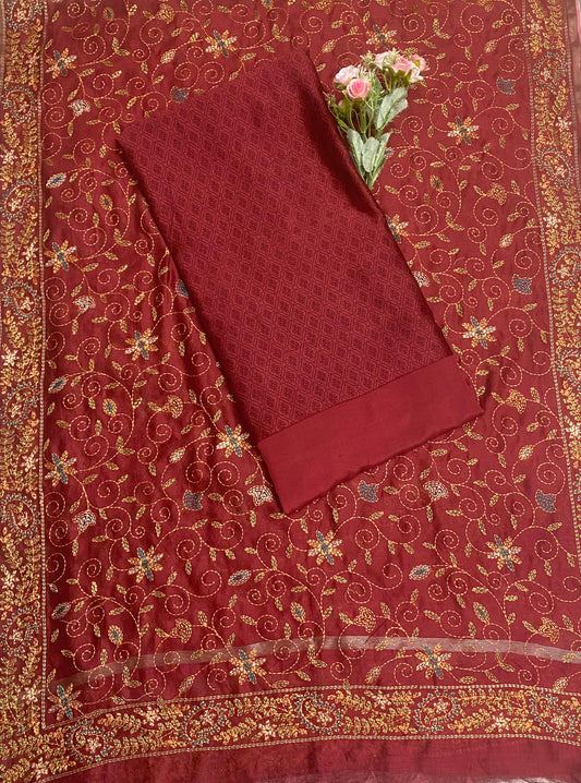 Pure Maheshwari Maroon Suit Fabric / Festive Vibe