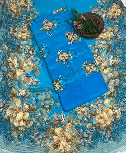 Chinon Blue Suit Fabric / Phoolon Ka Ghar
