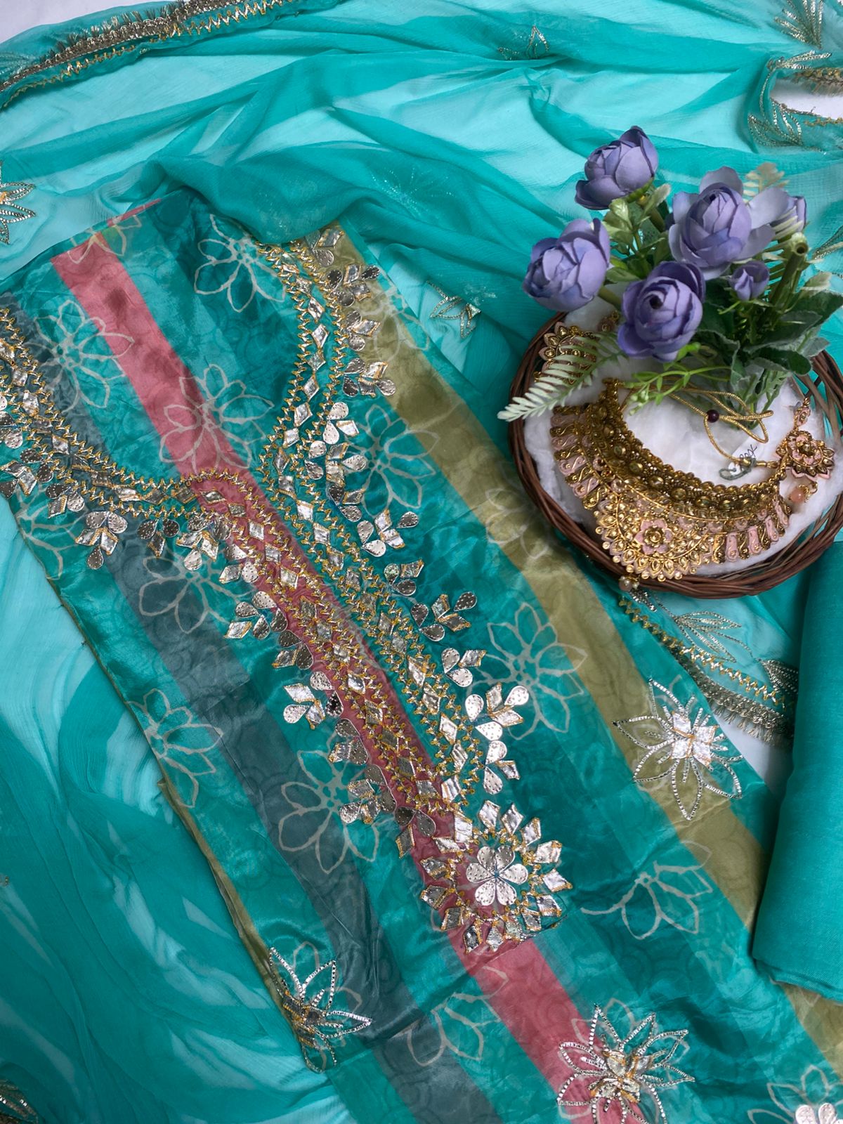 Satin Organza Sea Green Suit Fabric / Festive Vibe