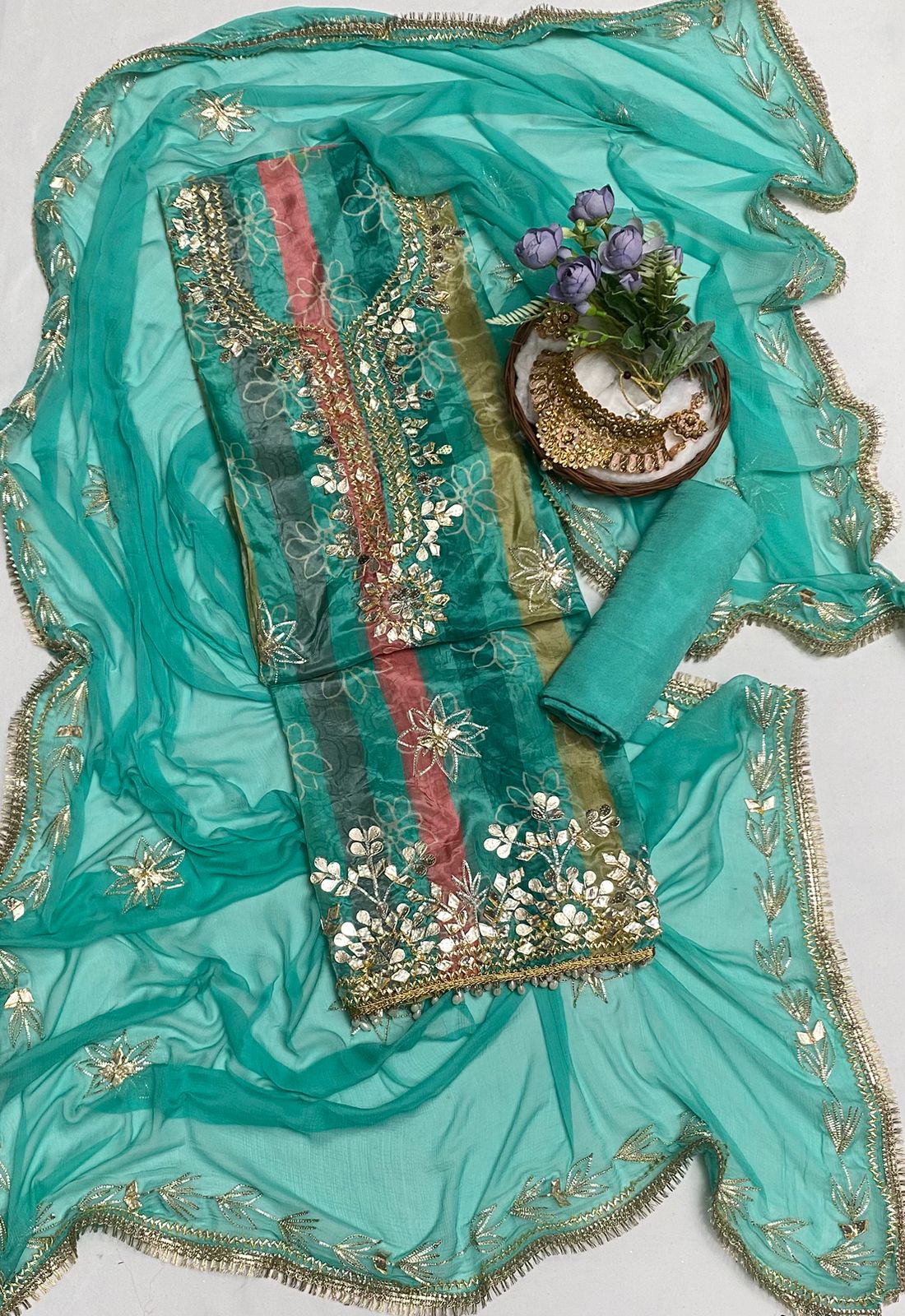 Satin Organza Sea Green Suit Fabric / Festive Vibe