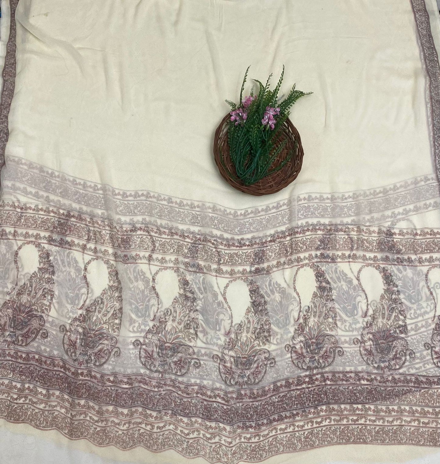 Crepe Cream Suit Fabric / Phoolon Ka Ghar