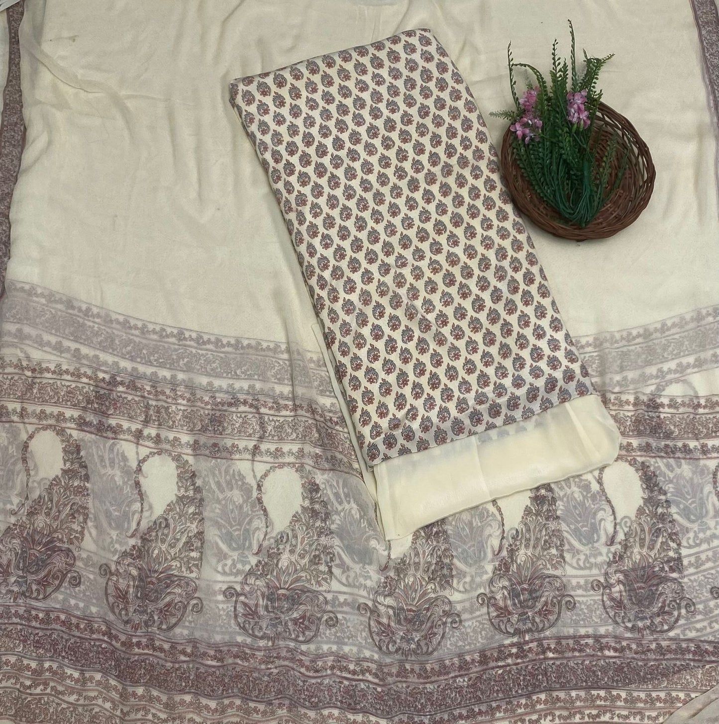 Crepe Cream Suit Fabric / Phoolon Ka Ghar
